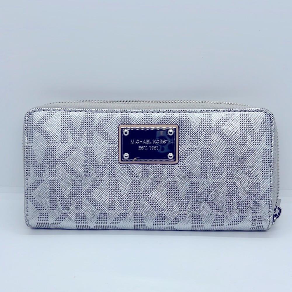 Michael Kors, silver monogrammed metallic zippered, wallet